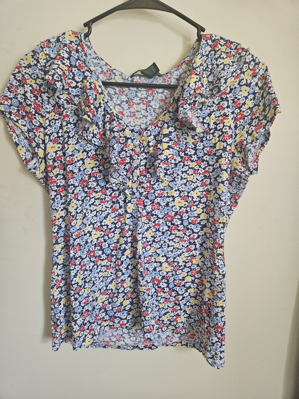 Vintage Ralph Lauren Blue Floral Ruffle V-Neck Cap-Sleeve Top